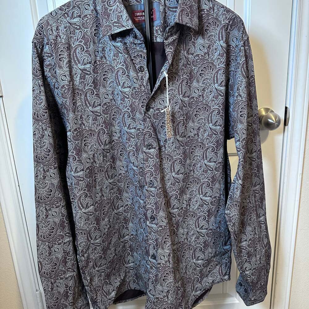 Consequence Men's Tan/Brown Paisley Long Sleeve Button Up Dress Shirt L - Picture 3 of 16